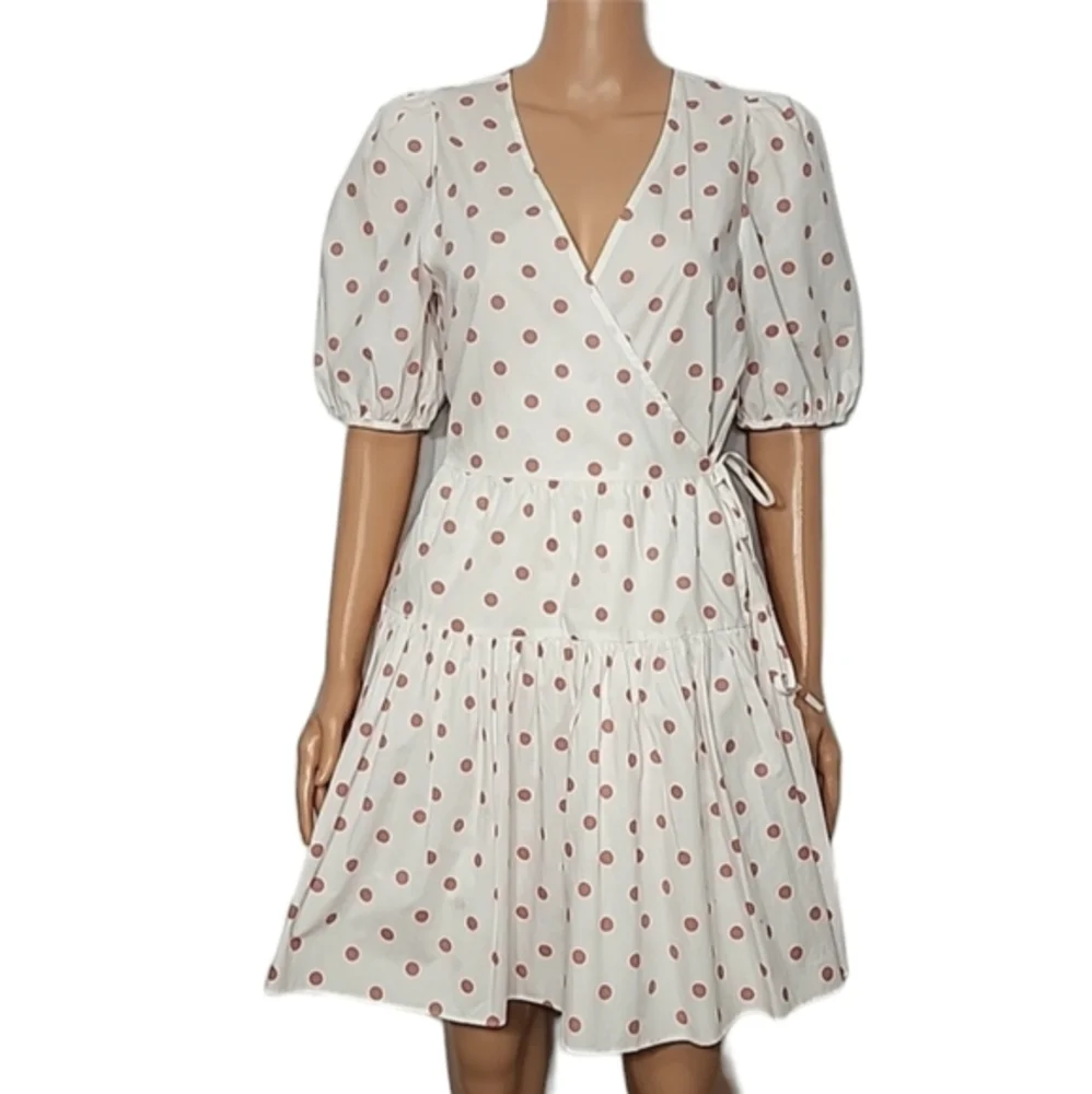 J.Crew White Rose Polka Dot Short Puff-Sleeve‎ Cotton Poplin Mini Wrap Dress XS